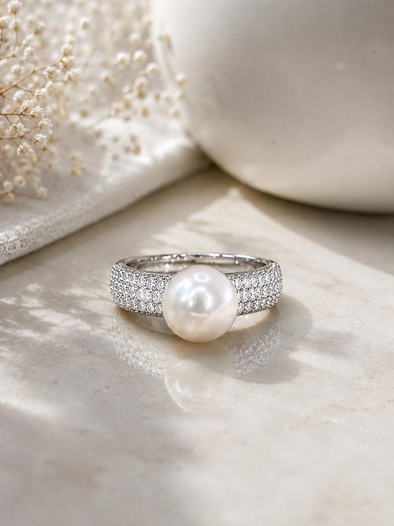 Freshwater Pearl Ring with CZ 925 Sterling Silver Pavé Adjustable Ring