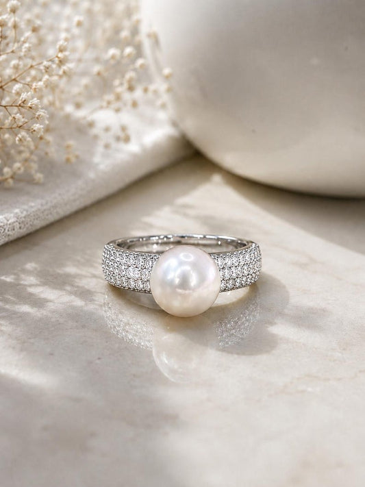 Freshwater Pearl Ring with CZ 925 Sterling Silver Pavé Adjustable Ring