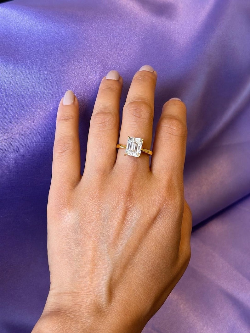 4 Carat Emerald Cut Moissanite Ring | Gold-Plated Adjustable Ring