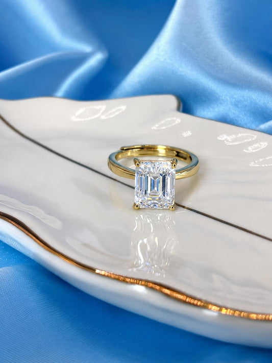 4 Carat Emerald Cut Moissanite Ring | Gold-Plated Adjustable Ring