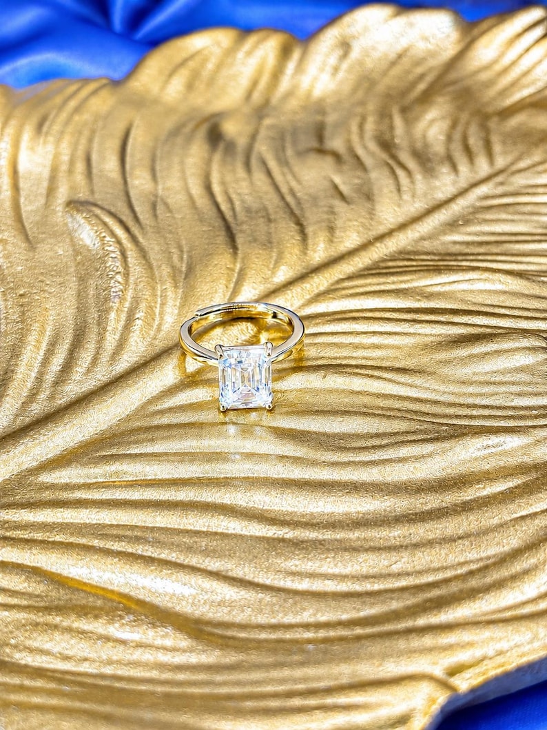4 Carat Emerald Cut Moissanite Ring | Gold-Plated Adjustable Ring