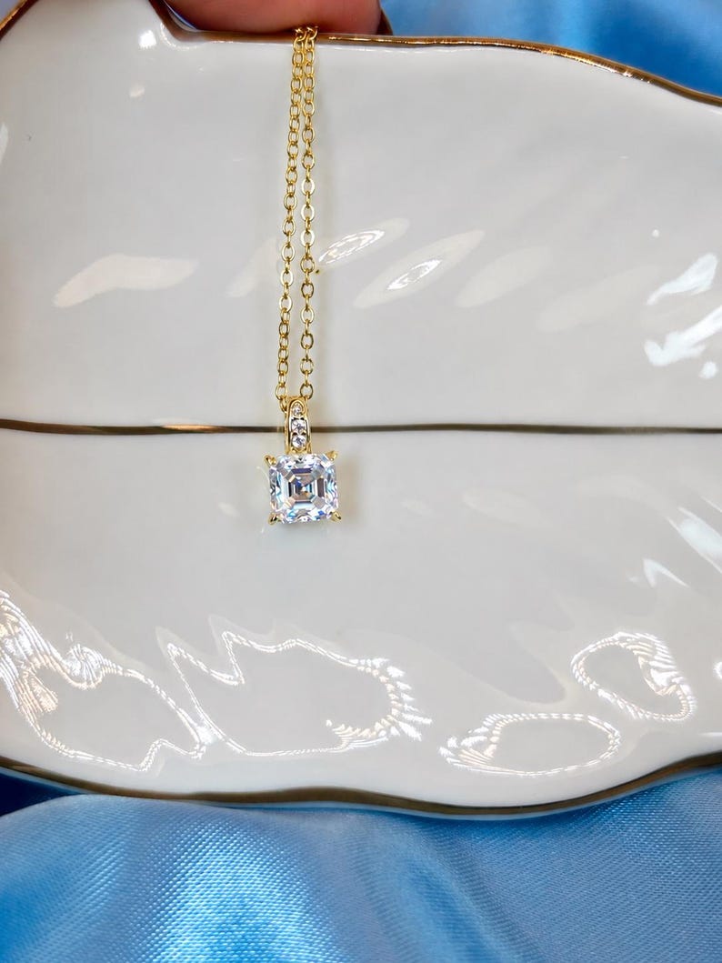 6x5mm Emerald Cut Moissanite Necklace | Gold-Plated Pave Pendant