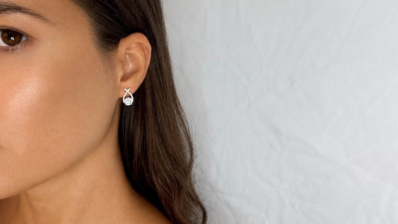 18K Gold-Plated Moissanite Stud Earrings | Round Pave Halo Sterling Silver