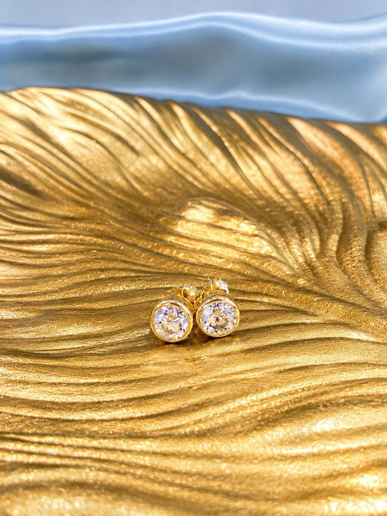 6x5mm Moissanite Bezel Stud Earrings | 18K Gold-Plated Sterling Silver