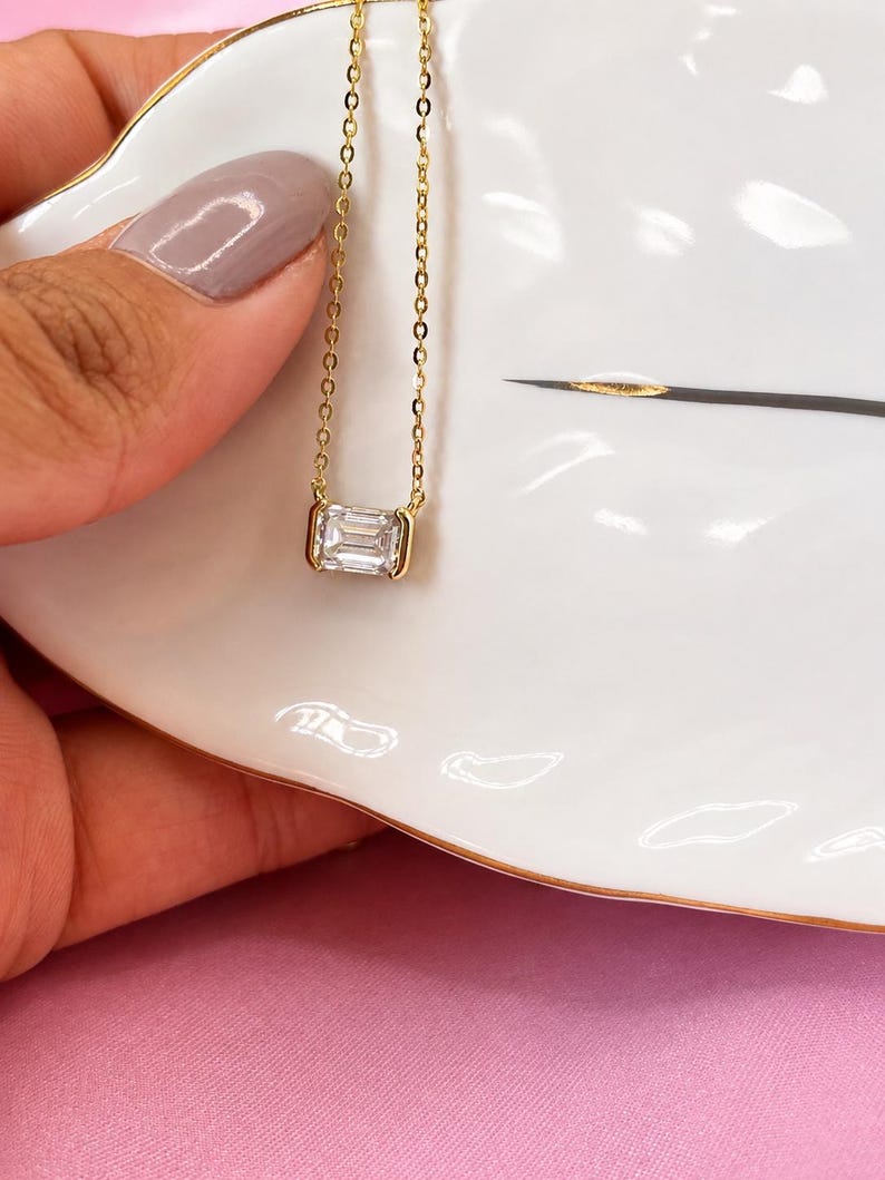 5x4mm Emerald Cut Moissanite Necklace | Gold Plated 925 Sterling Silver Pendant