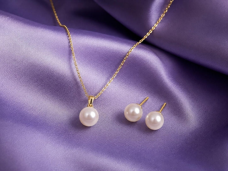 18K Solid Gold Freshwater Pearl Jewellery Set 8mm Necklace & 9mm Stud Earrings