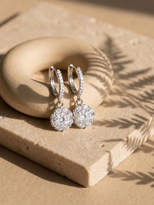 1CT Moissanite Halo Drop Earrings | 925 Argentium Sterling Silver Huggie Dangle