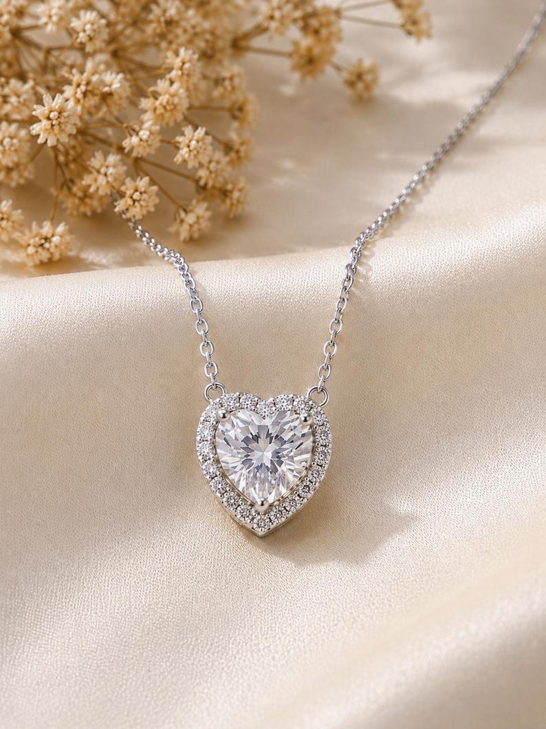 1CT Heart Moissanite Necklace | 18K White Gold-Plated Halo Pendant