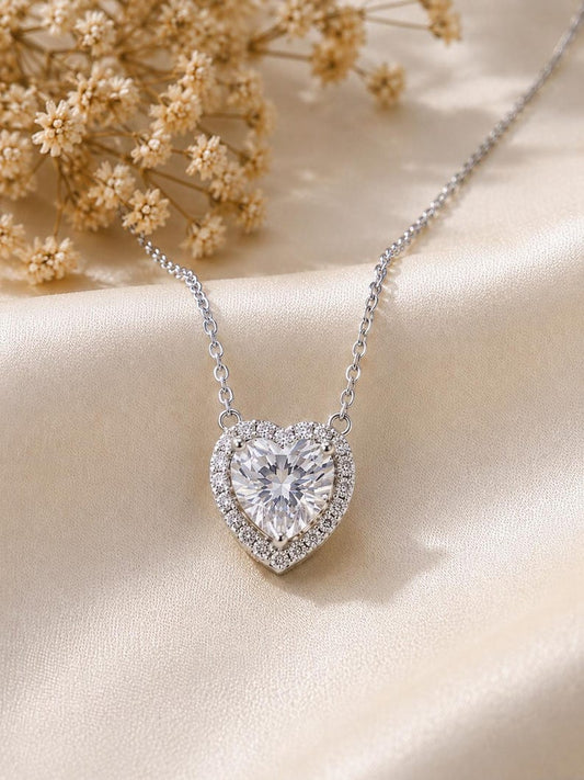 1CT Heart Moissanite Necklace | 18K White Gold-Plated Halo Pendant
