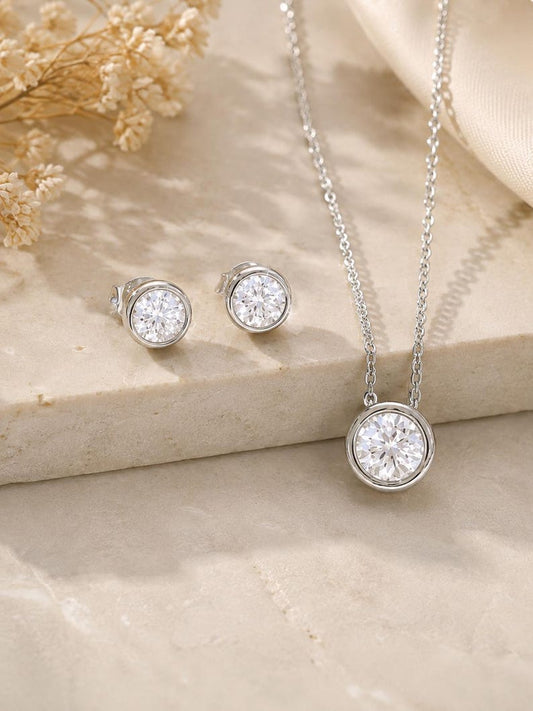 2CT Moissanite Necklace & Earrings Set | 925 Sterling Silver Bezel Jewelry