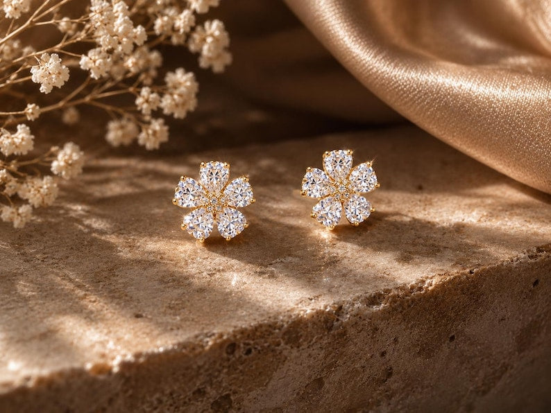 18K Gold-Plated Moissanite Flower Stud Earrings | 925 Sterling Silver