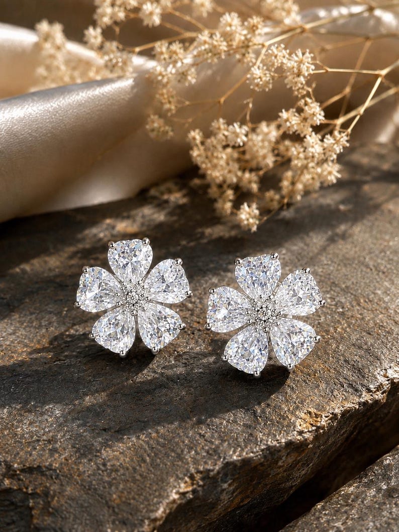 2CT Moissanite Flower Stud Earrings, 925 Sterling Silver Floral Earrings