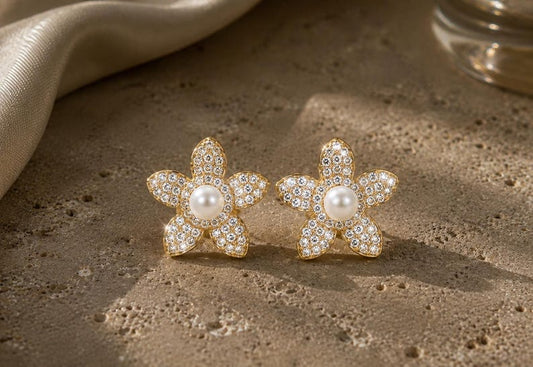 Pavé Moissanite Flower Stud Earrings with Freshwater Pearl, 18K Gold Plated Sterling Silver