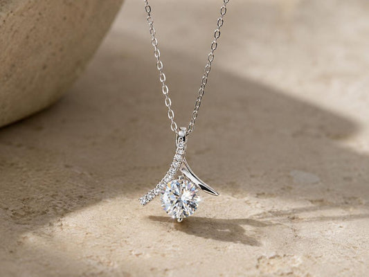 1CT Moissanite Drop Pendant Necklace | 18K White Gold-Plated Halo Jewelry