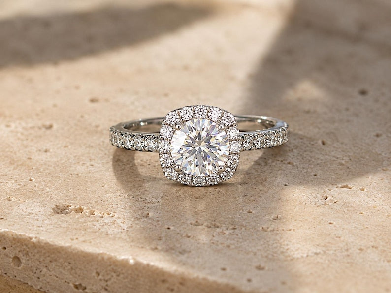 1ct Moissanite Halo Engagement Ring 925 Sterling Silver Bridal Promise Ring