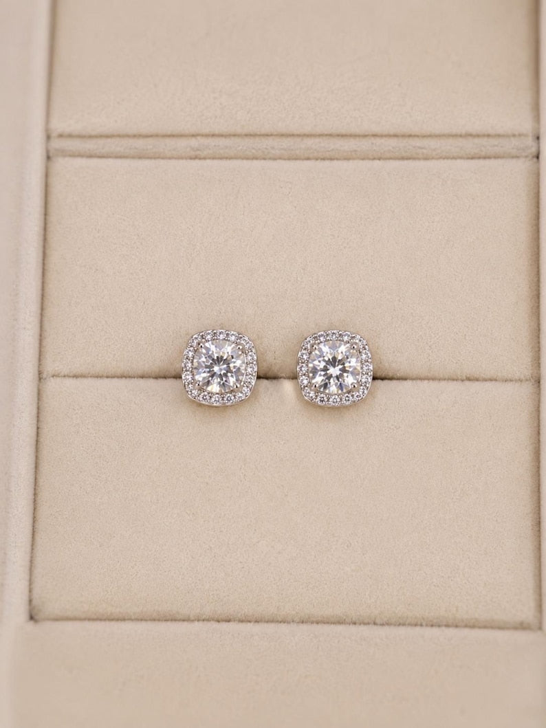 1 Carat Cushion Cut Moissanite Halo Stud Earrings | 925 Sterling Silver