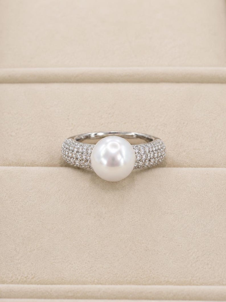 Freshwater Pearl Ring with CZ 925 Sterling Silver Pavé Adjustable Ring