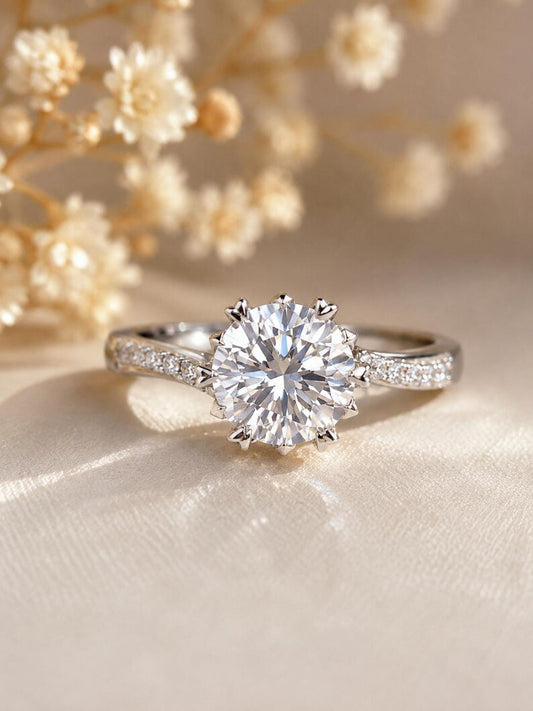 1 Carat Round Moissanite Halo Ring, 925 Sterling Silver Engagement Ring
