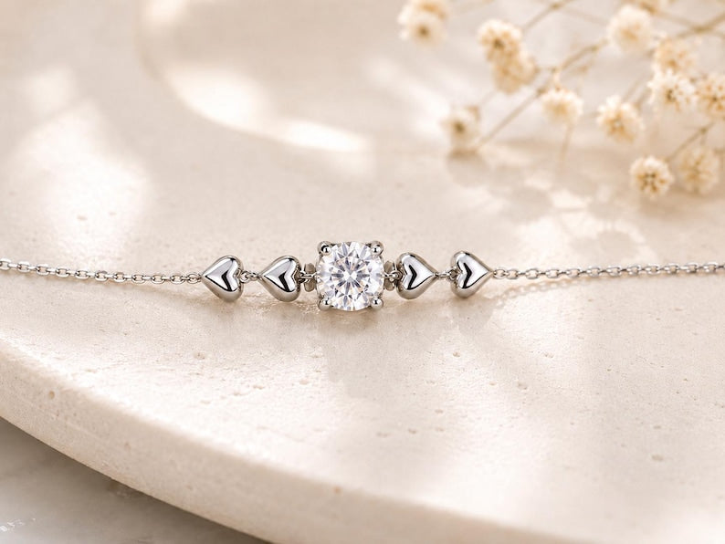 1 Carat Moissanite Heart Bracelet, 925 Sterling Silver, Dainty Romantic Jewelry