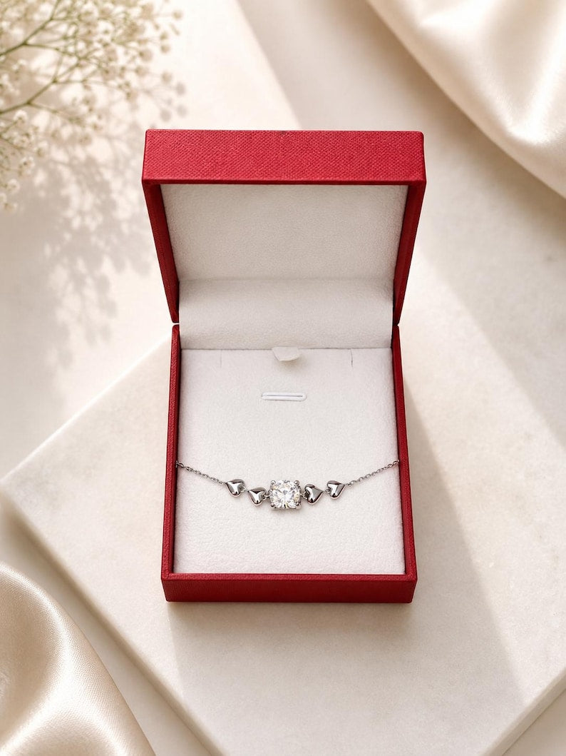 1 Carat Moissanite Heart Bracelet, 925 Sterling Silver, Dainty Romantic Jewelry
