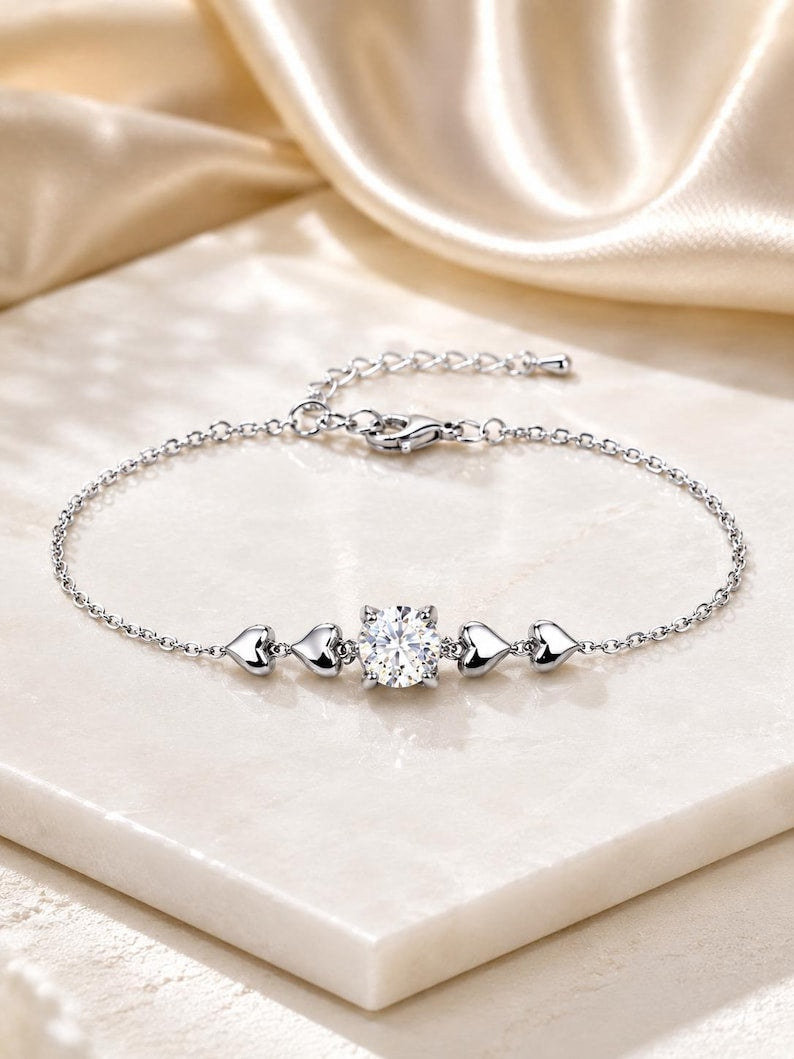 1 Carat Moissanite Heart Bracelet, 925 Sterling Silver, Dainty Romantic Jewelry