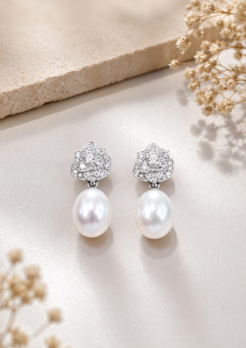 Freshwater Pearl Drop Earrings 925 Sterling Silver Rose Pavé Crystal