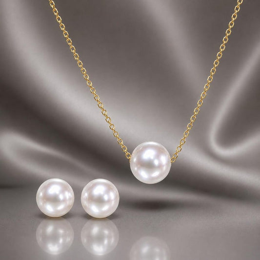 18K Solid Gold Certified Akoya Pearl Jewellery Set – Hallmarked Floating Pearl Necklace & Stud Earrings