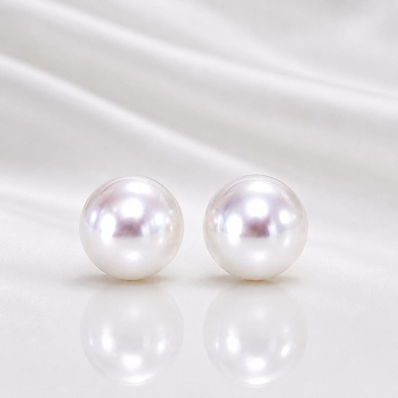 18K Solid Gold Akoya Pearl Stud Earrings – 8mm Certified & Hallmarked Genuine Akoya Pearls – Classic Fine Jewellery