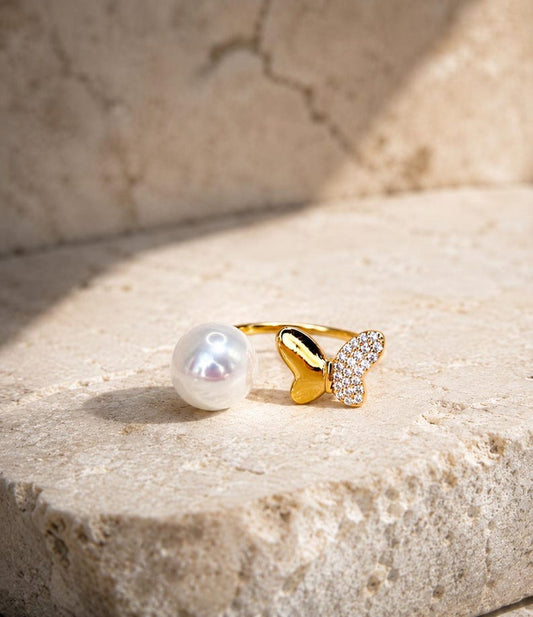 Freshwater Pearl Butterfly Ring 18K Gold Plated Sterling Silver CZ Pavé
