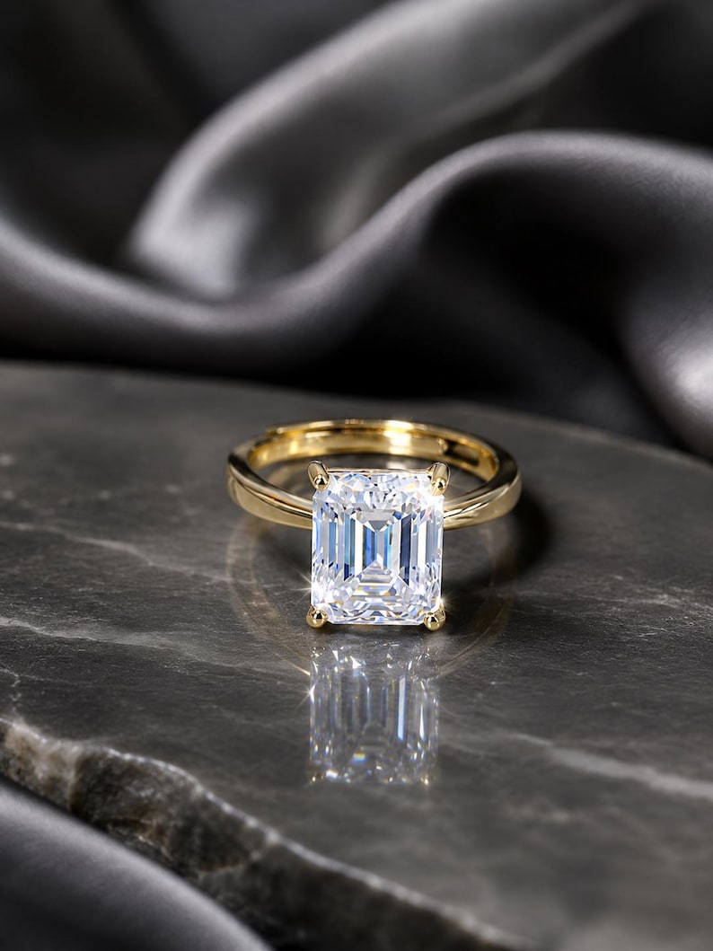 4 Carat Emerald Cut Moissanite Ring | Gold-Plated Adjustable Ring