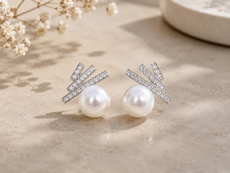 Freshwater Pearl Stud Earrings 925 Sterling Silver CZ Bar Minimalist
