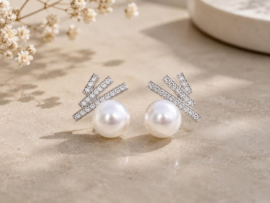 Freshwater Pearl Stud Earrings 925 Sterling Silver CZ Bar Minimalist