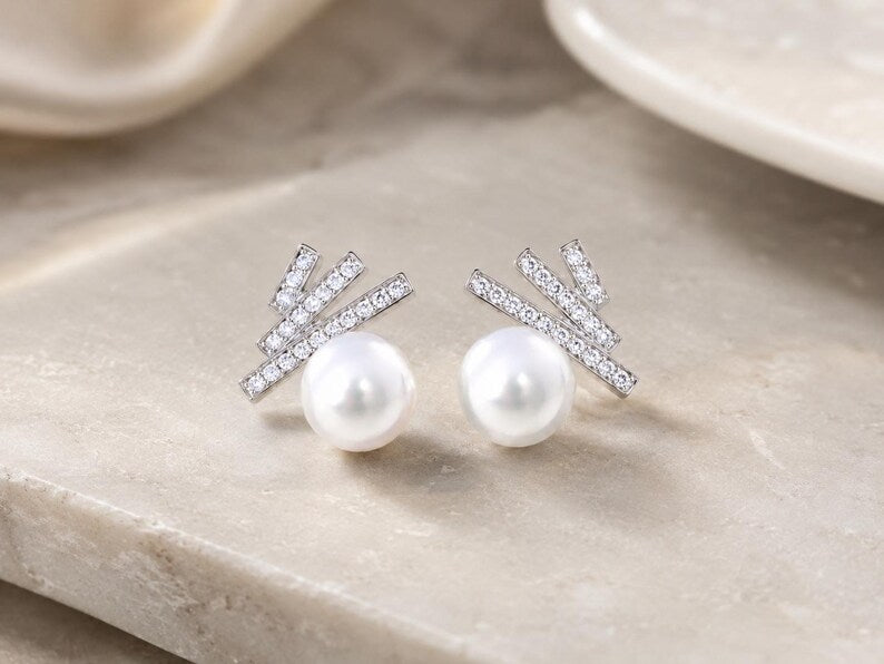 Freshwater Pearl Stud Earrings 925 Sterling Silver CZ Bar Minimalist