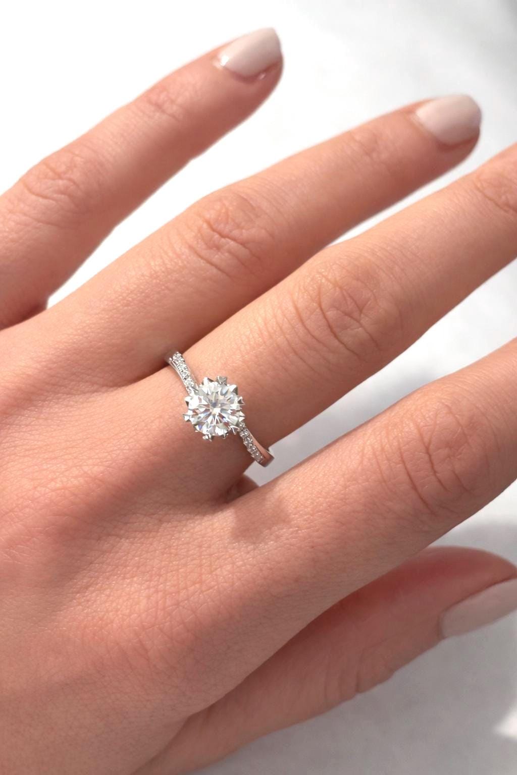 Round Moissanite Halo Ring 1 Carat, Sterling Silver Bridal Ring Diamond Alternative Engagement Jewelry