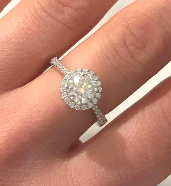 Halo Moissanite engagement Ring. 1 Carat Sterling Silver Bridal Jewelry. Lab Grown Diamond Alternative