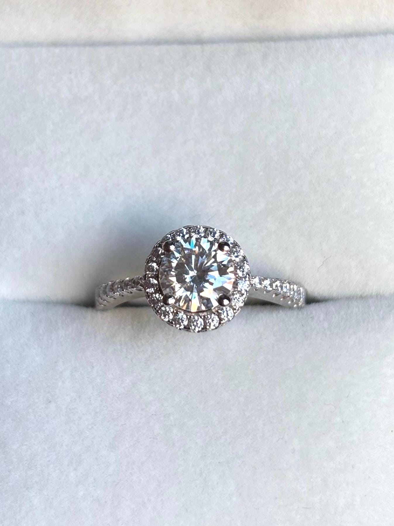 Halo Moissanite engagement Ring. 1 Carat Sterling Silver Bridal Jewelry. Lab Grown Diamond Alternative