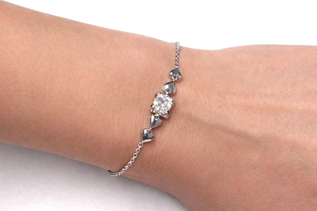 Moissanite Heart Bracelet in Sterling Silver, Dainty Bracelet for Women, Romantic Anniversary Gift