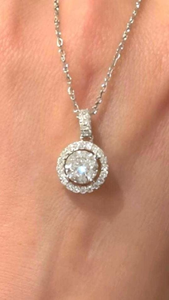 1 Carat Moissanite Halo Necklace, Dainty Everyday Pendant, 18K White Gold Plated Silver Gift