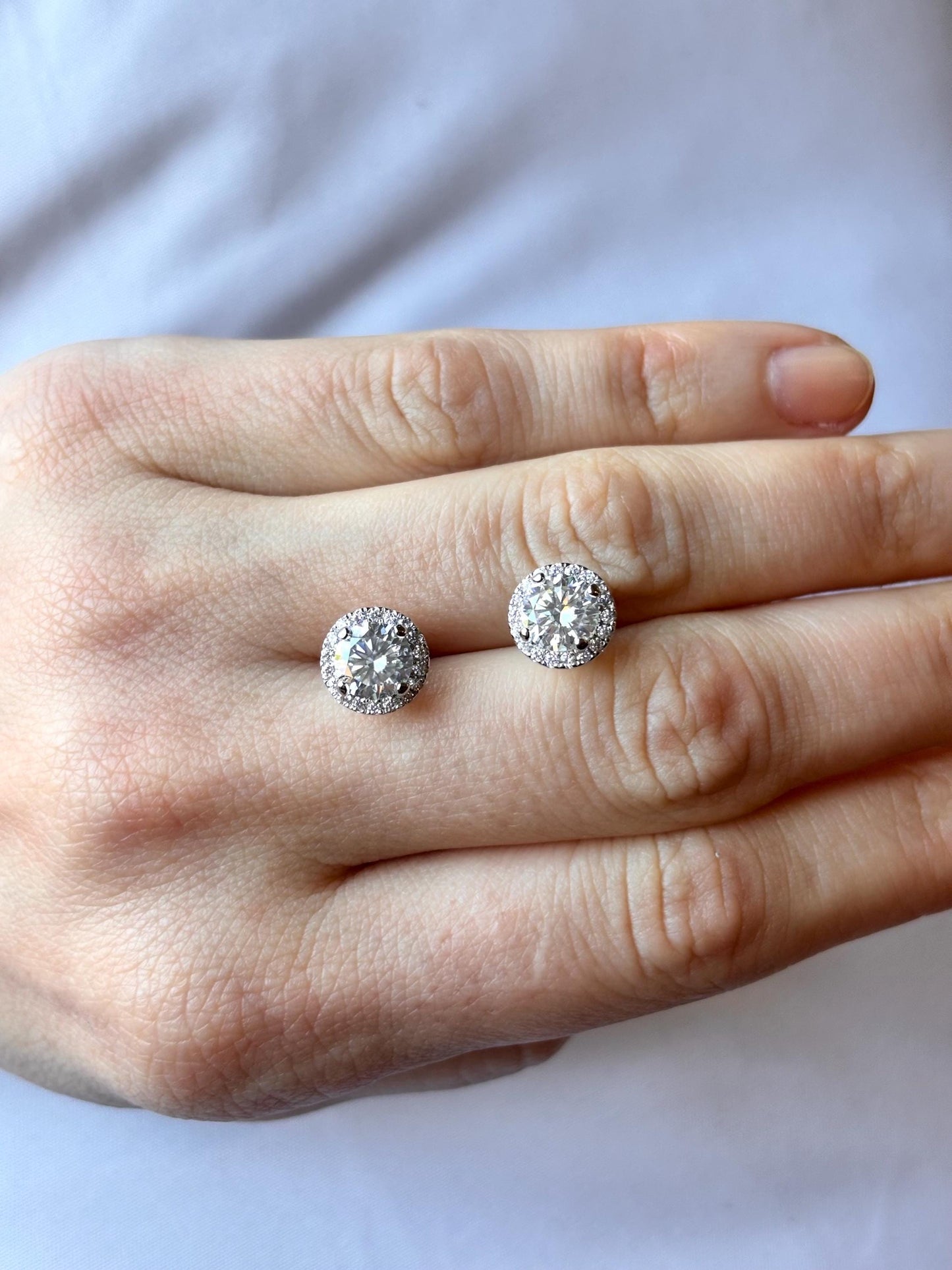 Moissanite Halo Stud Earrings 1 Carat Total, Sterling Silver Diamond Alternative Earrings