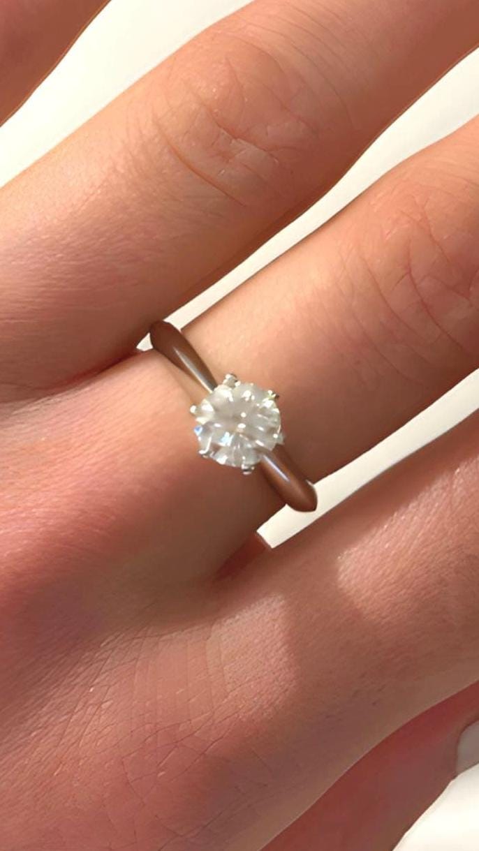 Moissanite Halo Engagement Ring, 1 Carat Sterling Silver Ring, Classic Solitaire Style.