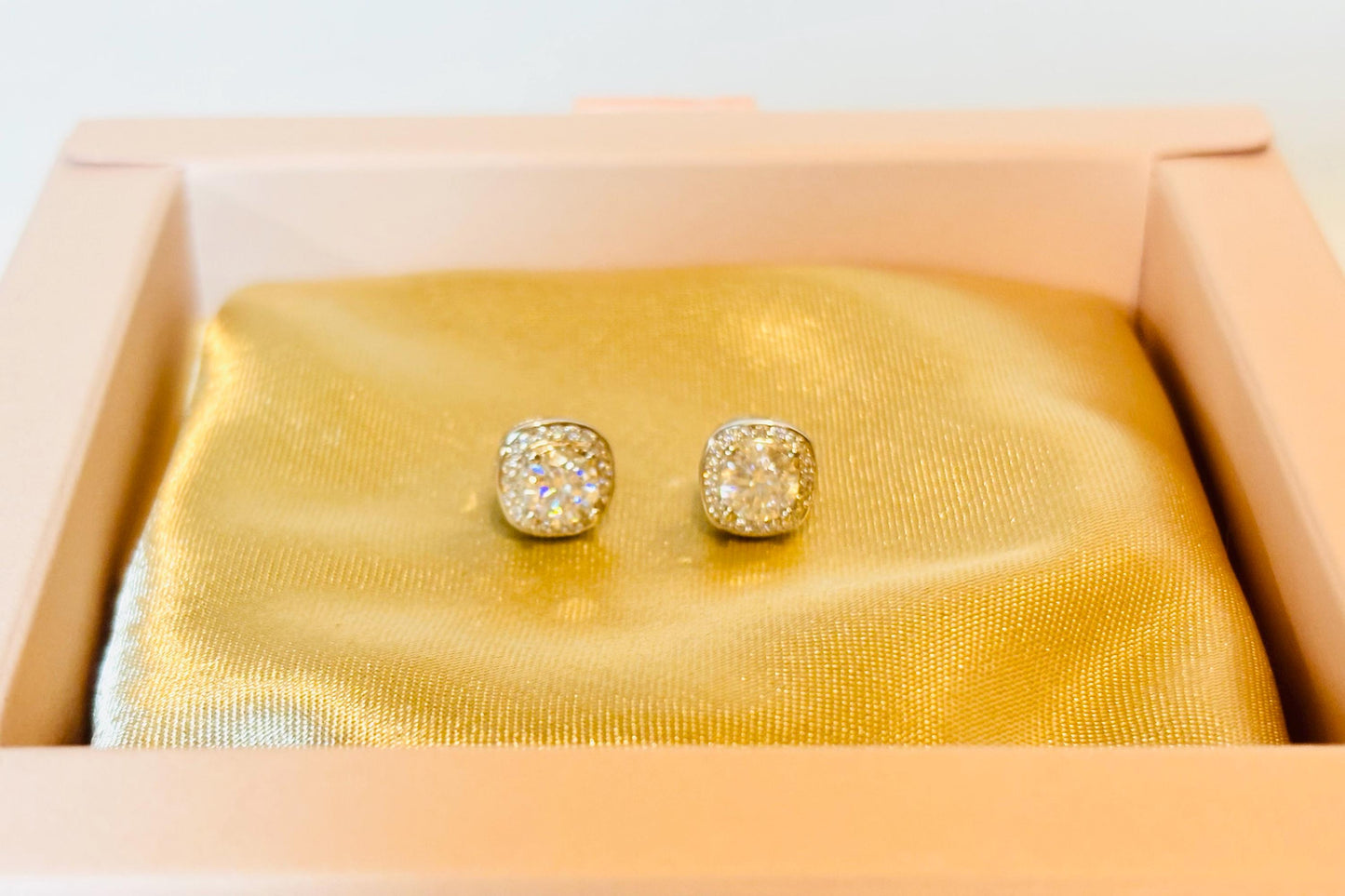 Cushion Cut Moissanite Halo Stud Earrings 1 Carat, Sterling Silver Diamond Alternative Bridal Earrings