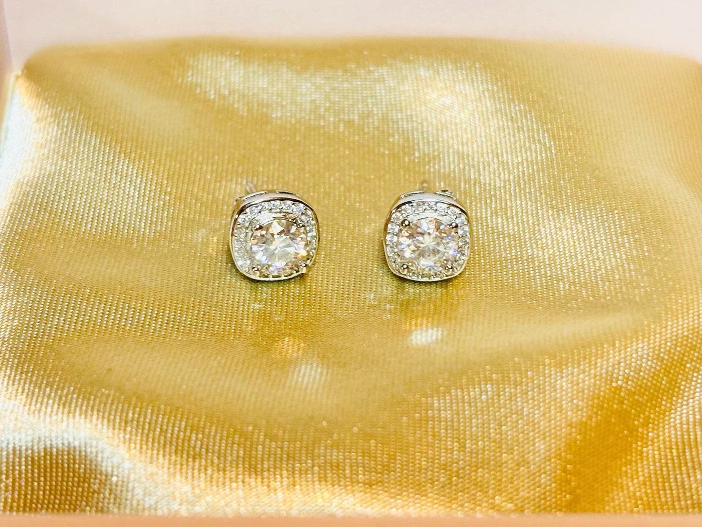 Cushion Cut Moissanite Halo Stud Earrings 1 Carat, Sterling Silver Diamond Alternative Bridal Earrings