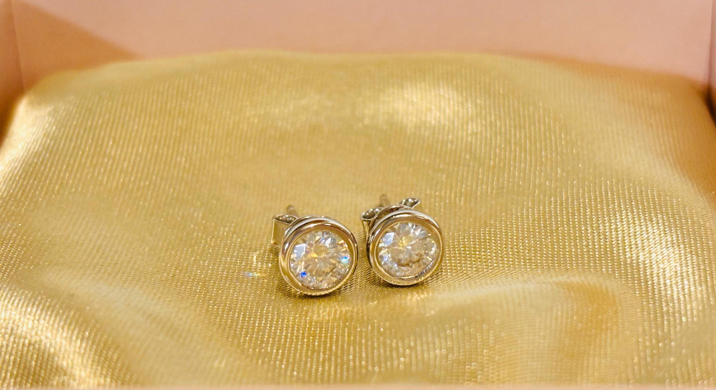 Bezel Moissanite Stud Earrings 1 Carat, Round Sterling Silver Classic Everyday Earrings Gift