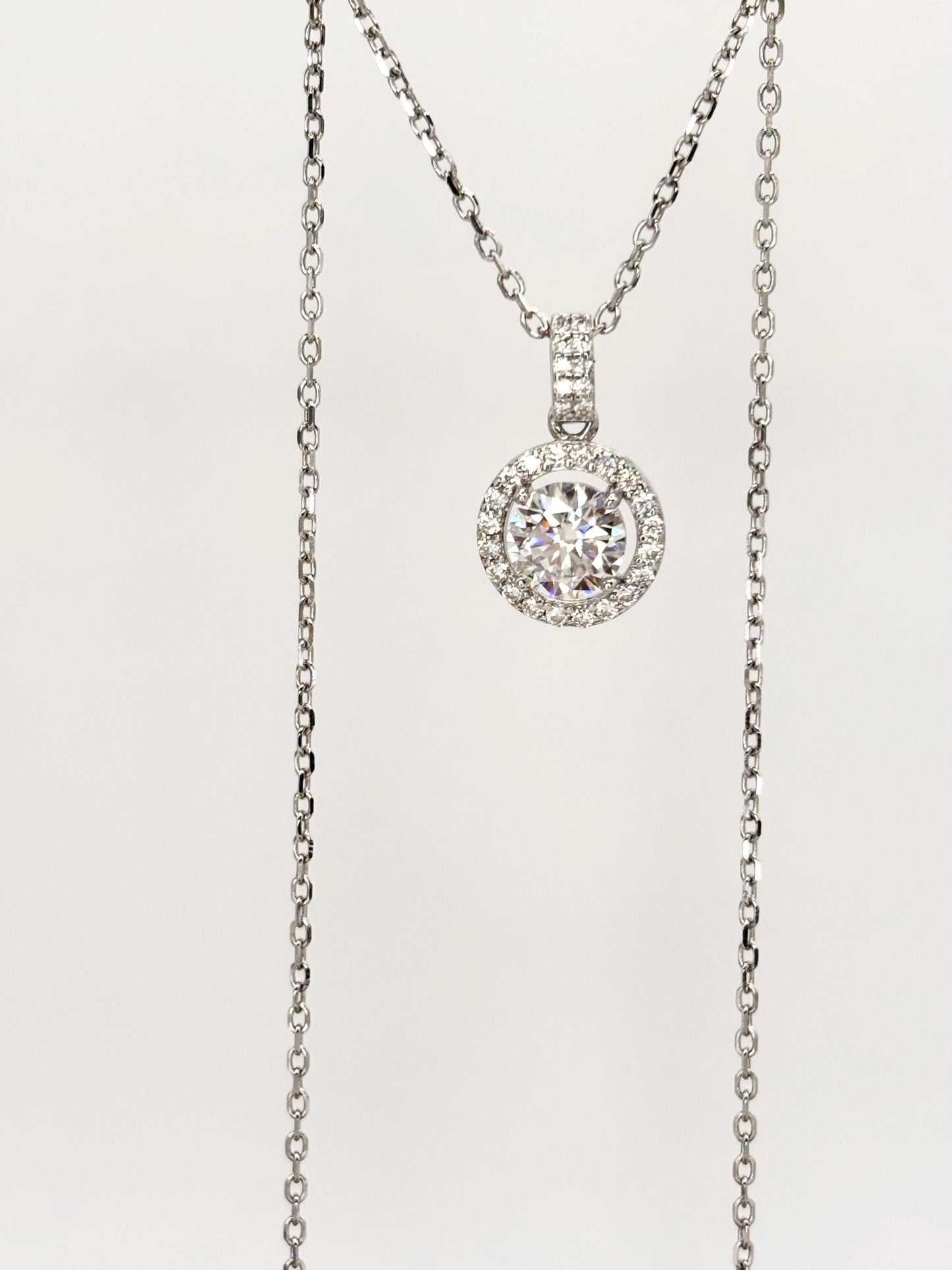 1 Carat Moissanite Halo Necklace, Dainty Everyday Pendant, 18K White Gold Plated Silver Gift