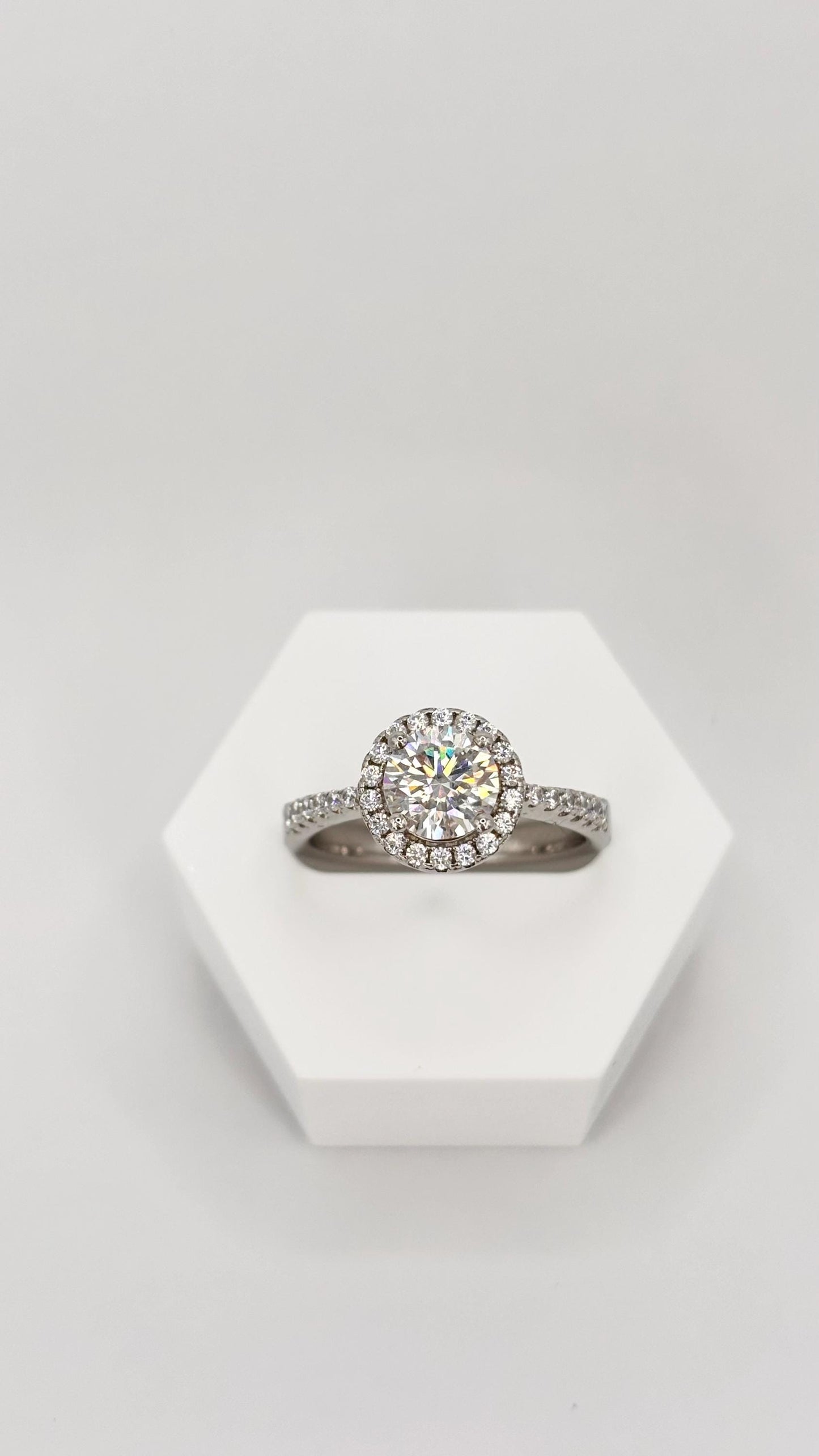 Halo Moissanite engagement Ring. 1 Carat Sterling Silver Bridal Jewelry. Lab Grown Diamond Alternative