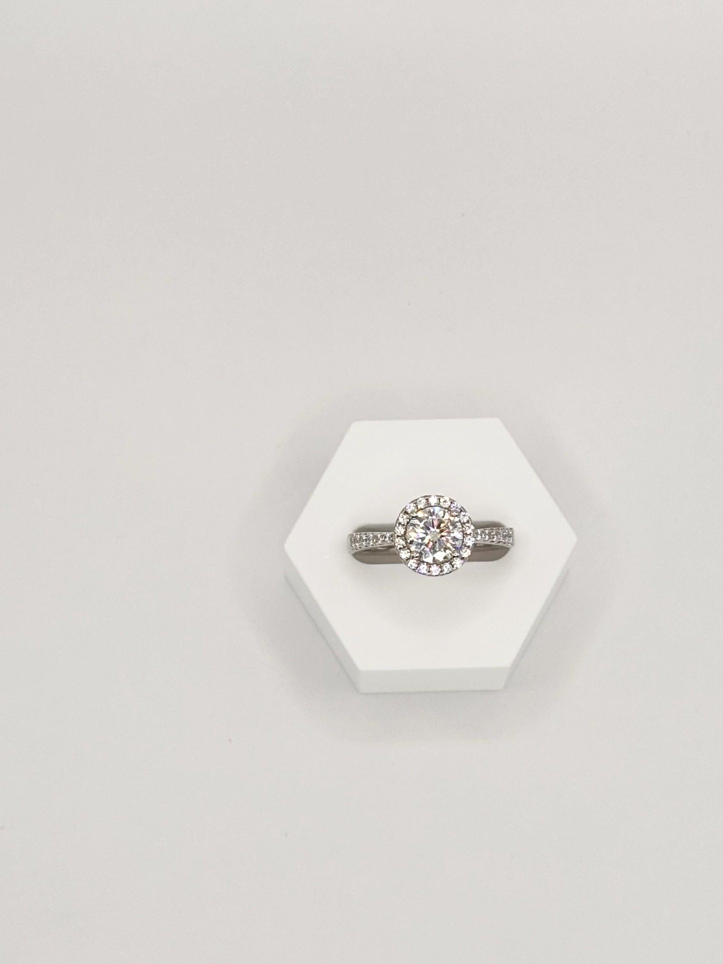 Halo Moissanite engagement Ring. 1 Carat Sterling Silver Bridal Jewelry. Lab Grown Diamond Alternative