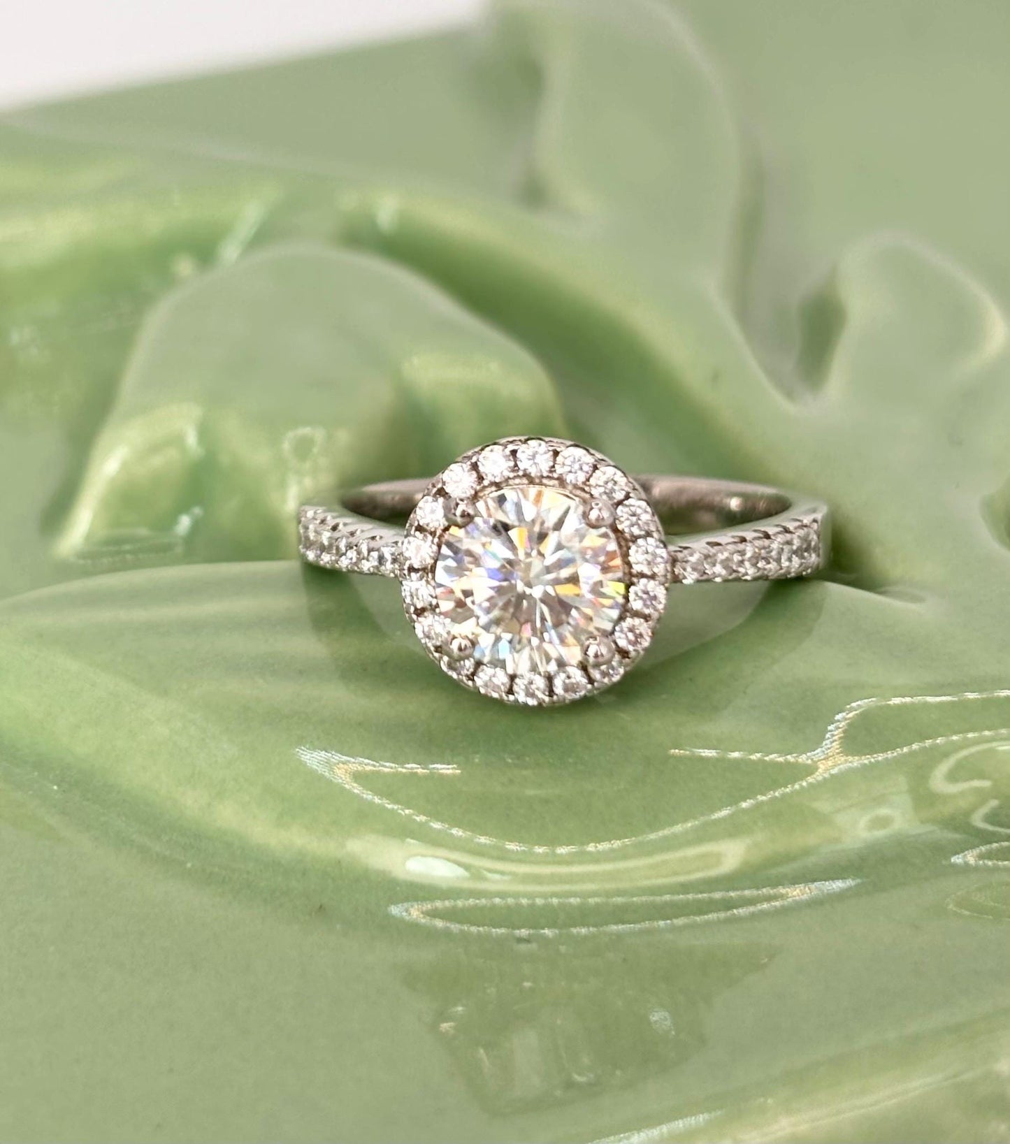 Halo Moissanite engagement Ring. 1 Carat Sterling Silver Bridal Jewelry. Lab Grown Diamond Alternative