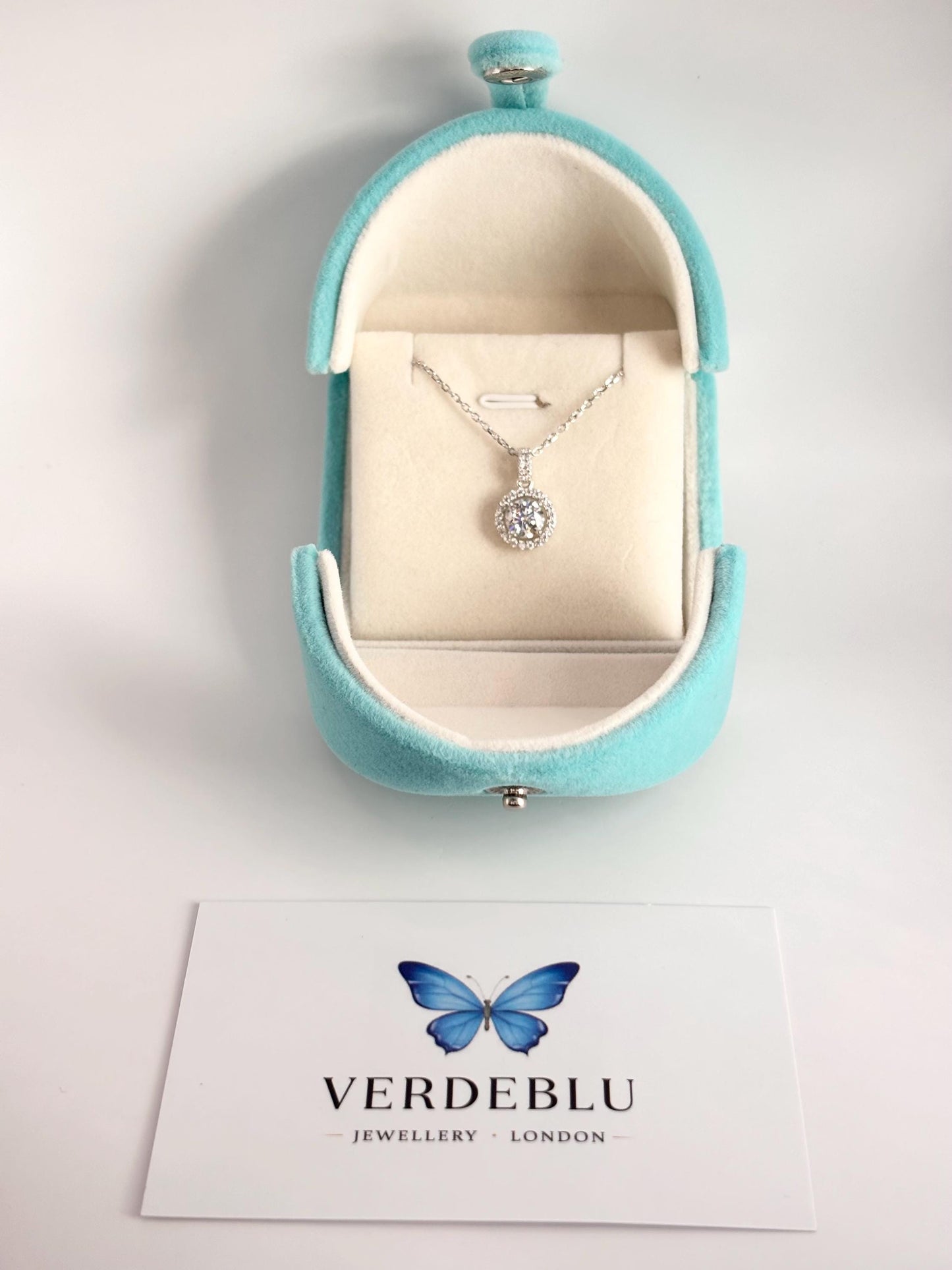 1 Carat Moissanite Halo Necklace, Dainty Everyday Pendant, 18K White Gold Plated Silver Gift