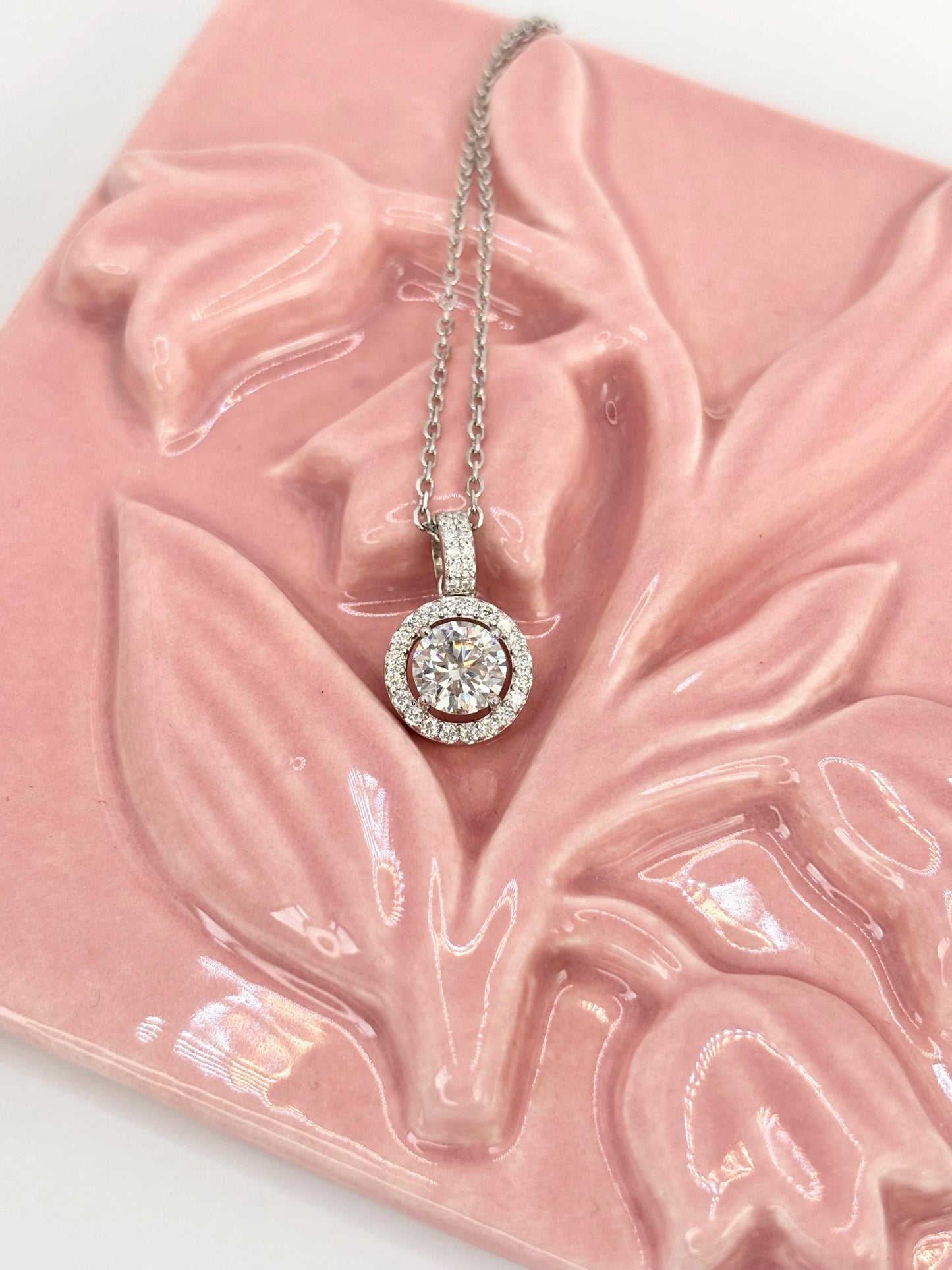 1 Carat Moissanite Halo Necklace, Dainty Everyday Pendant, 18K White Gold Plated Silver Gift