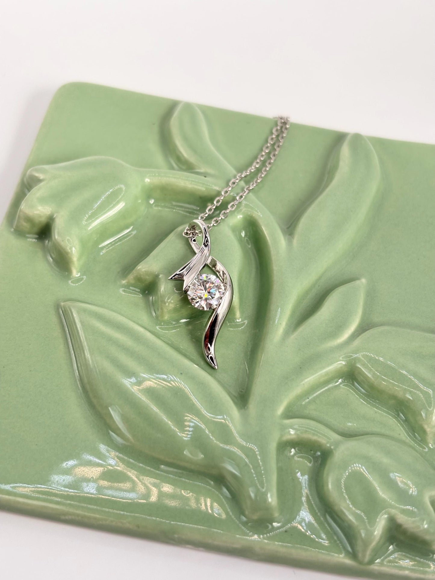 1.00 Carat Moissanite Twist Pendant Necklace, 18K White Gold Plated Sterling Silver
